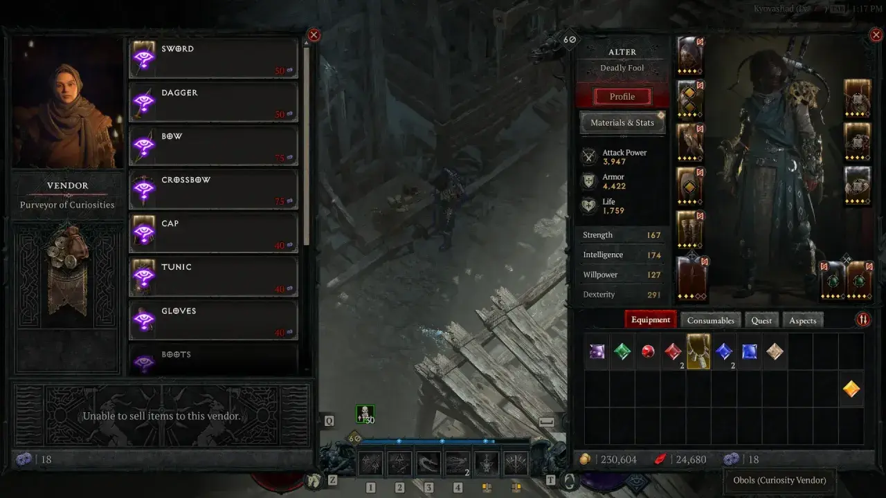 Interfejs Diablo 4: sprzedawca oferuje przedmioty, a gracz przegląda swoje statystyki i ekwipunek, szukając najlepszych aspektów.
