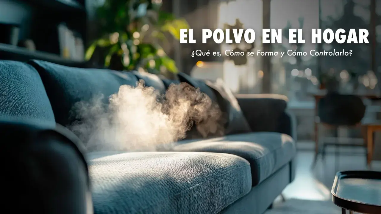 Nube de polvo sobre un sofá azul, preguntándose porque hay tanto polvo en mi casa. El texto indica "El polvo en el hogar".