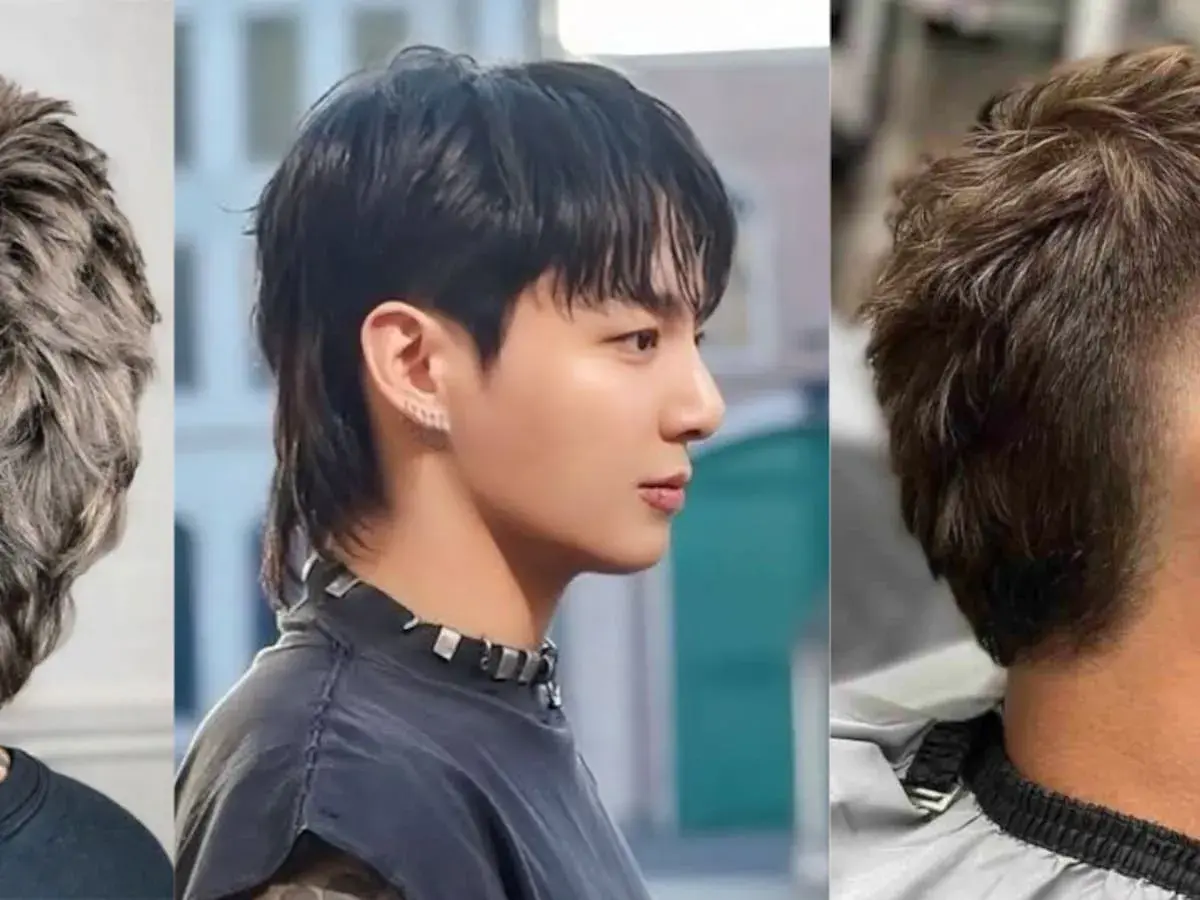 Tres hombres con estilos de cabello modernos. El del medio luce un corte mullet hombre con cabello oscuro y flequillo.
