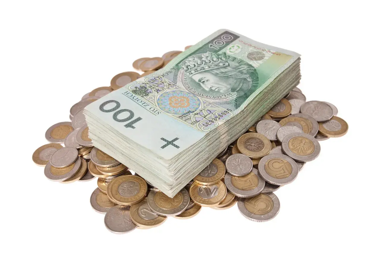 Stos banknotów 100 zł i monety. Obraz symbolizuje finanse, bogactwo, a także może nawiązywać do jawnego rejestru dłużników, gdzie widnieją zobowiązania finansowe.