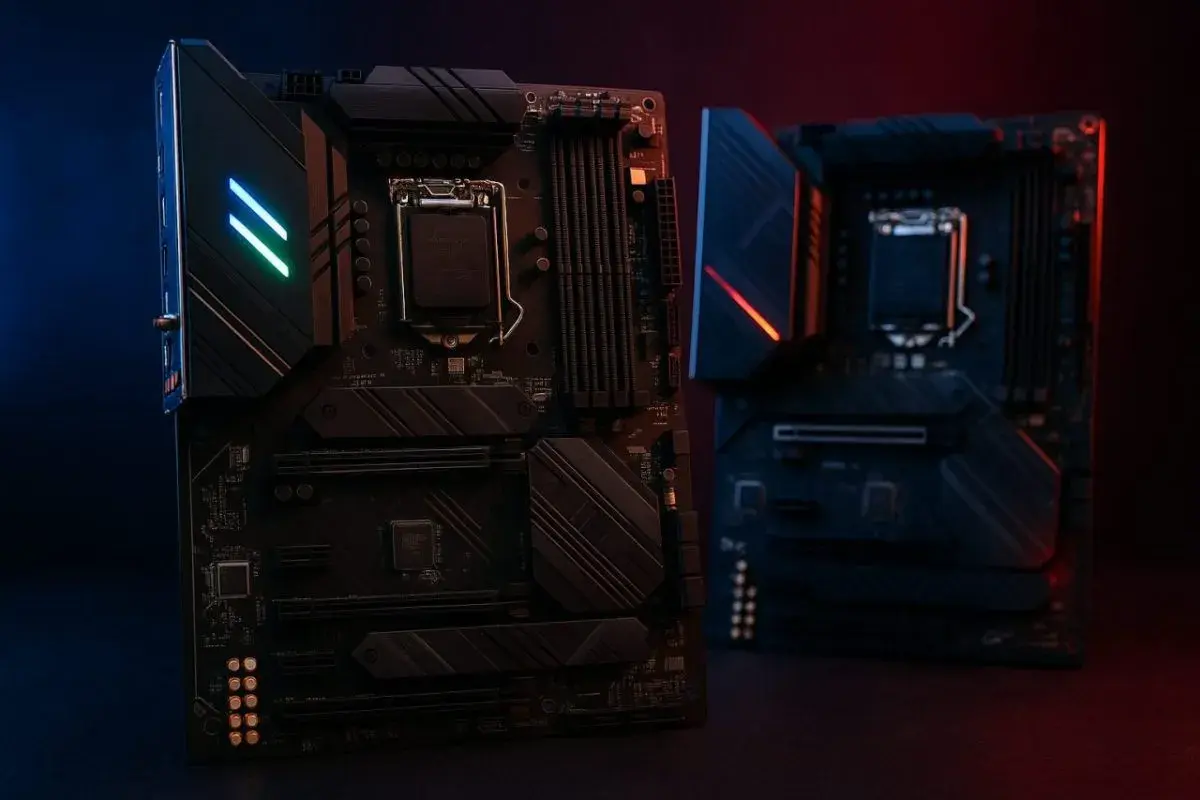 Deux cartes mères noires, l'une éclairée par des LED bleues et vertes, l'autre par des LED rouges, sur fond sombre.