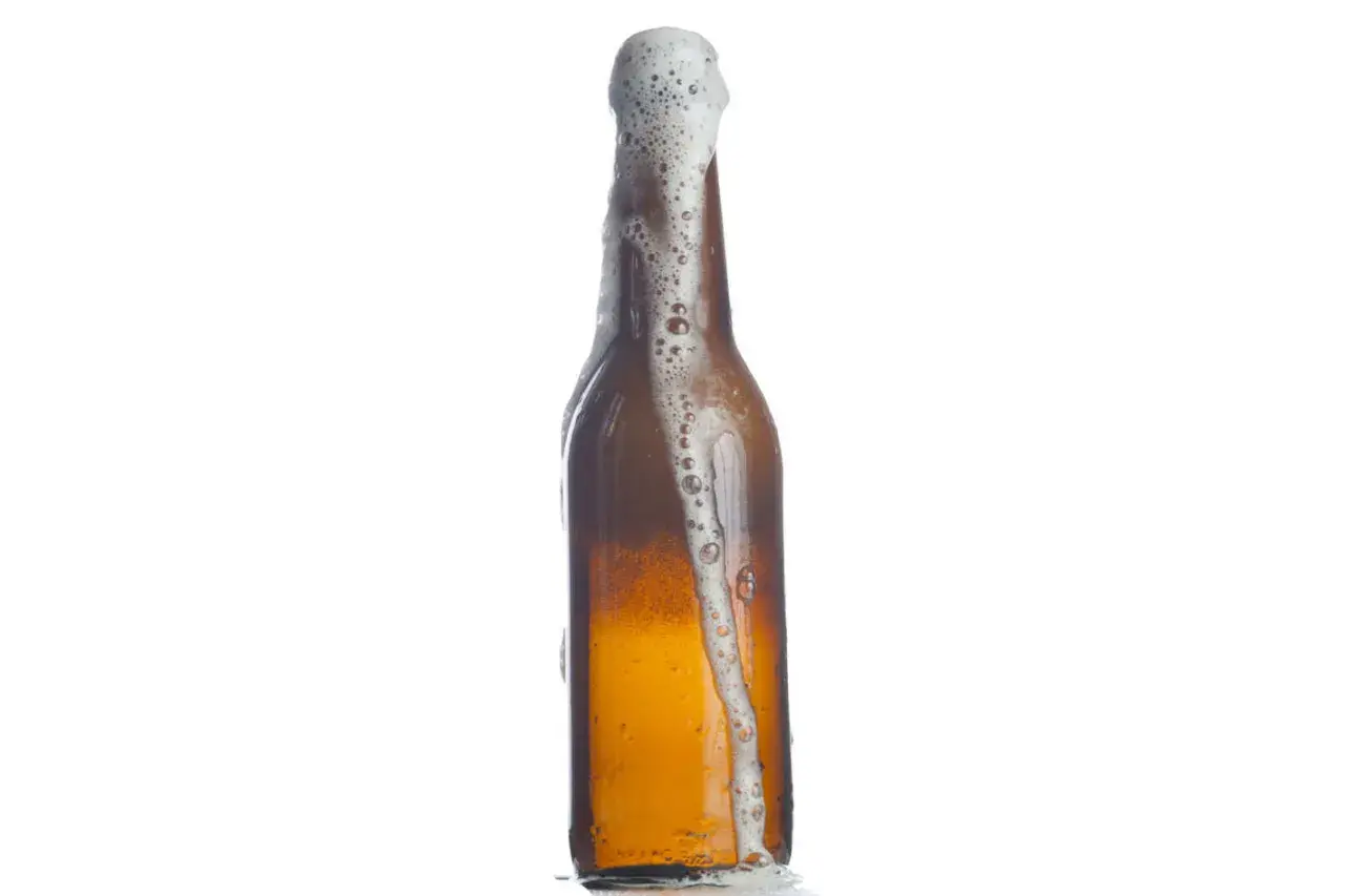 Bière débordant d'une bouteille, la mousse blanche montant. Le pourcentage d'eau dans la bière est élevé, comme le montre cette effervescence.