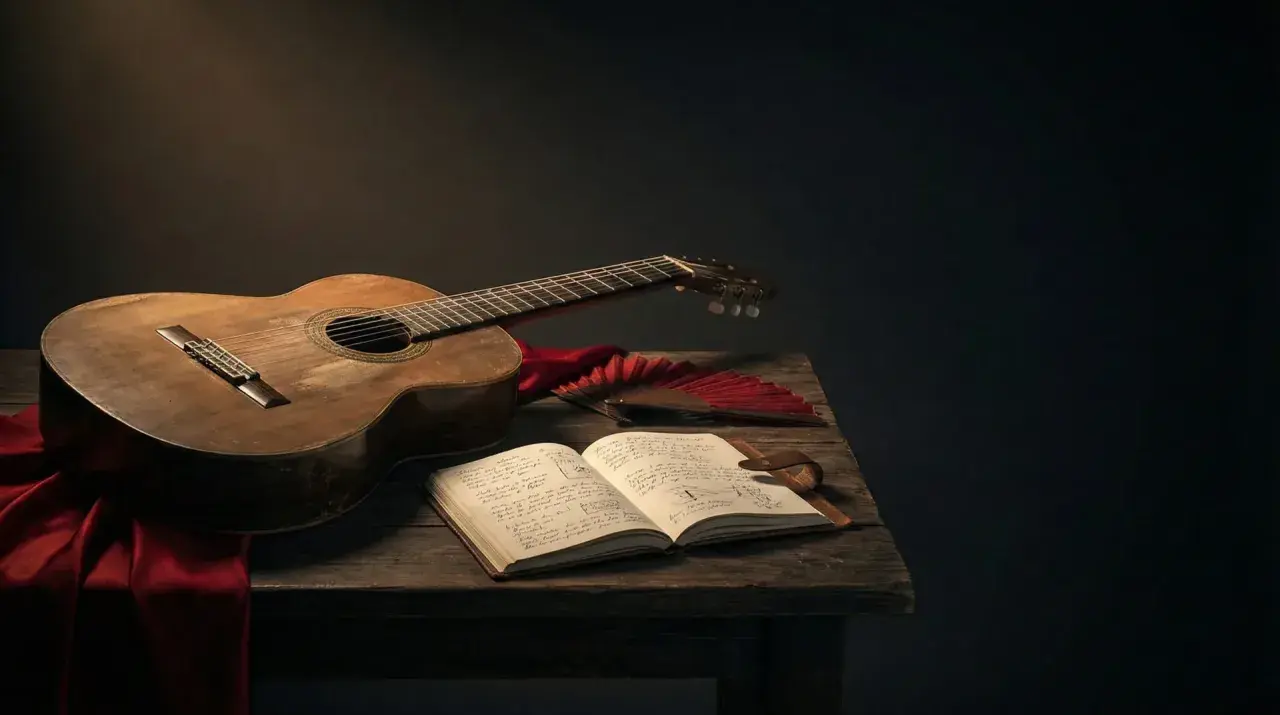 Guitarra, libro abierto con partituras y abanico rojo, evocando rumbas navideñas y noches de fiesta.