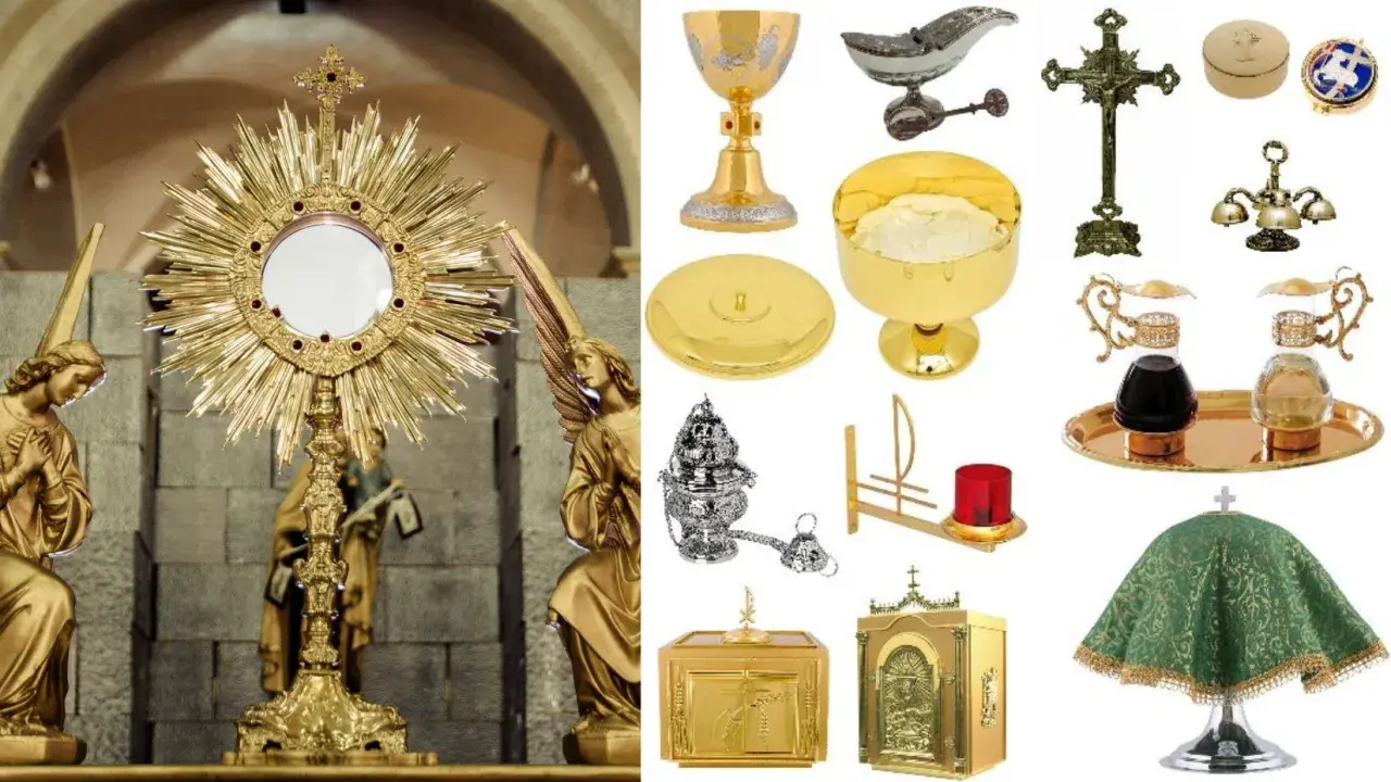 Złota monstrancja, kielich, patena, kadzielnica, krzyż i inne naczynia liturgiczne nazwy.
