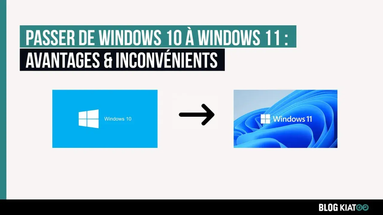 Passer de Windows 10 à Windows 11 : avantages et inconvénients. L'image montre le logo de Windows 10 à gauche et celui de Windows 11 à droite, séparés par une flèche.
