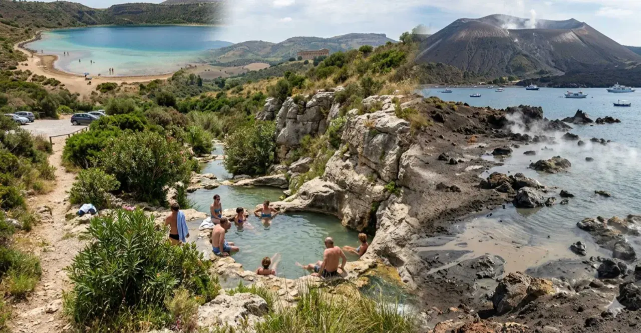 Bagno termale naturale tra rocce e vegetazione rigogliosa, con vista su un lago turchese e un vulcano fumante. Un angolo di paradiso nei giardini Sicilia.