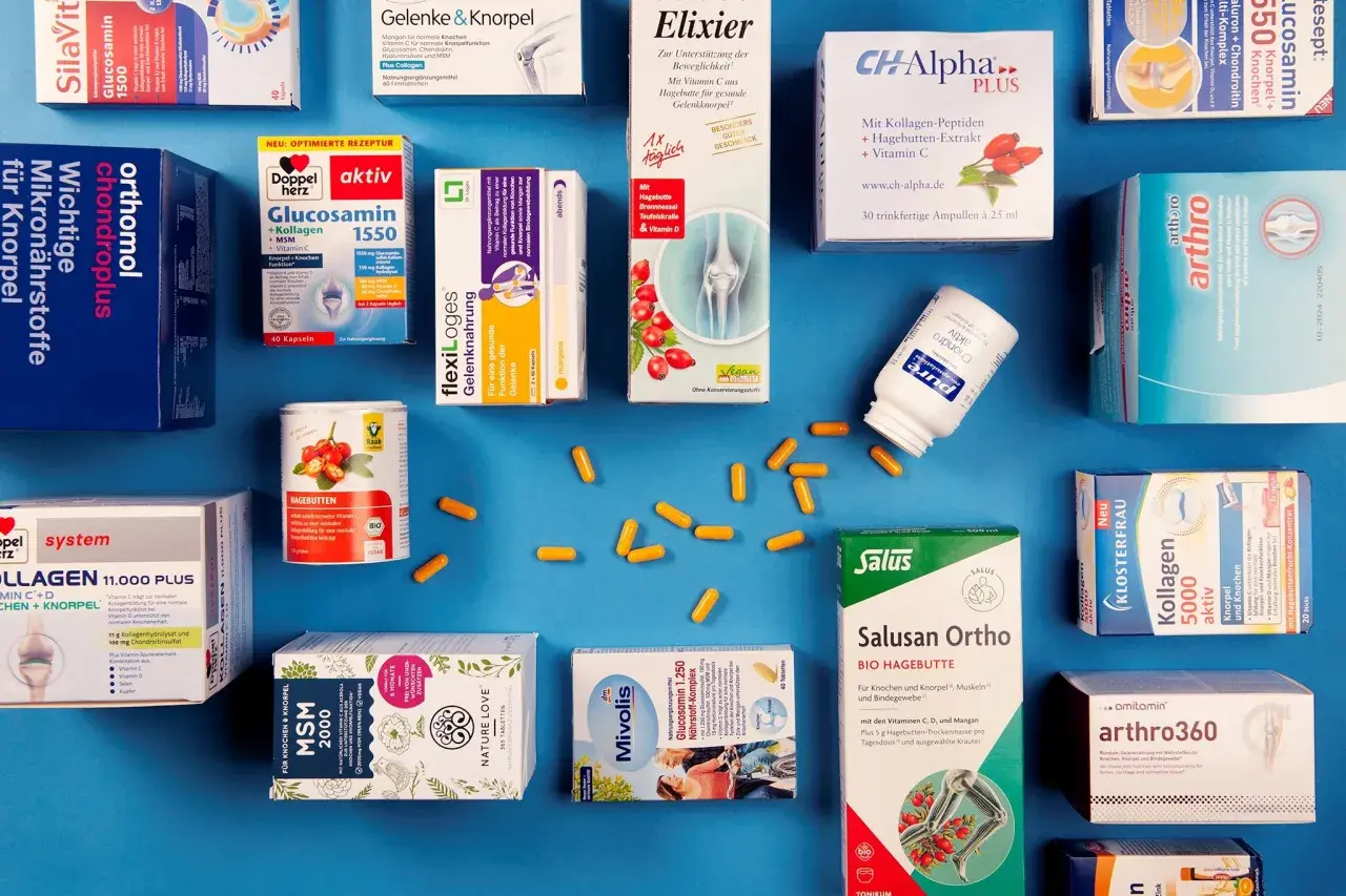 Vielfalt an Nahrungsergänzungsmitteln für Gelenke und Knochen, darunter Glucosamin, Kollagen und MSM. Stiftung Warentest-würdige aminosäuren kapseln sind hier zu finden.