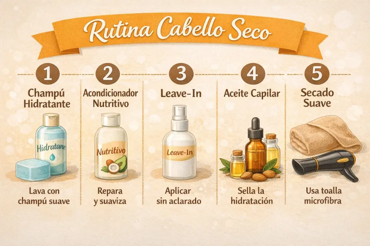 Rutina para cabello seco: champú hidratante, acondicionador nutritivo, leave-in, aceite capilar y secado suave. Un cuidado completo para tu melena.