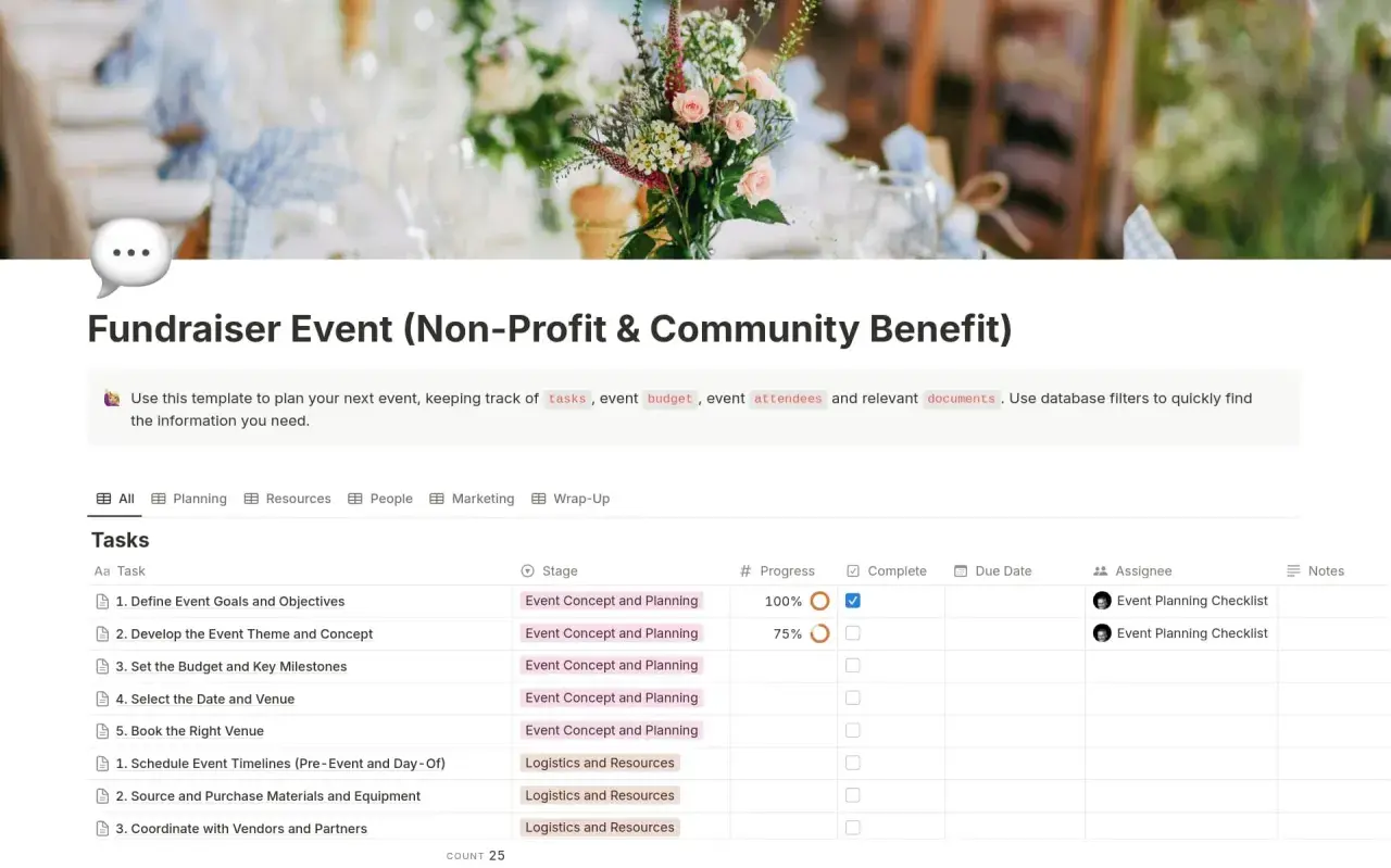 Nonprofit gala template for planning a fundraiser, tracking tasks, budget, and attendees.