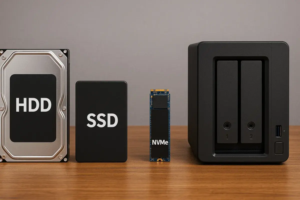 Vergleich verschiedener Speicher: HDD, SSD, NVMe und ein NAS-Gehäuse. Welche festplatte ist die richtige Wahl?