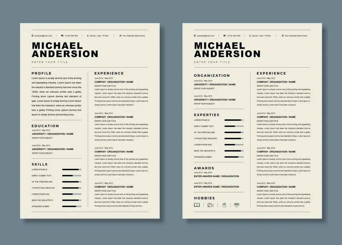 Szablon CV z danymi kontaktowymi, doświadczeniem, edukacją i umiejętnościami. Idealny do wysłania maila z CV.