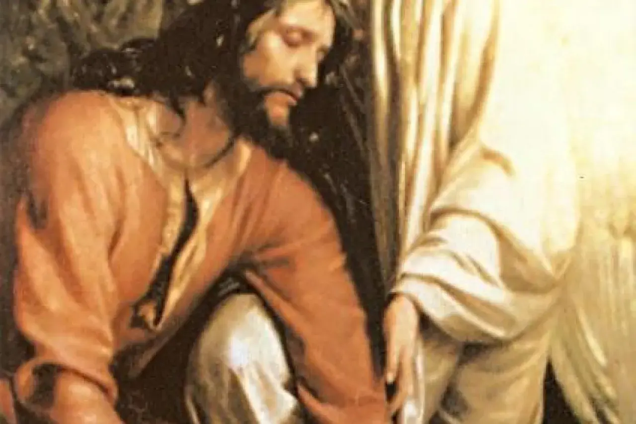 Jezus pochyla się nad klęczącym człowiekiem, jakby mówił: szukajcie a znajdziecie.