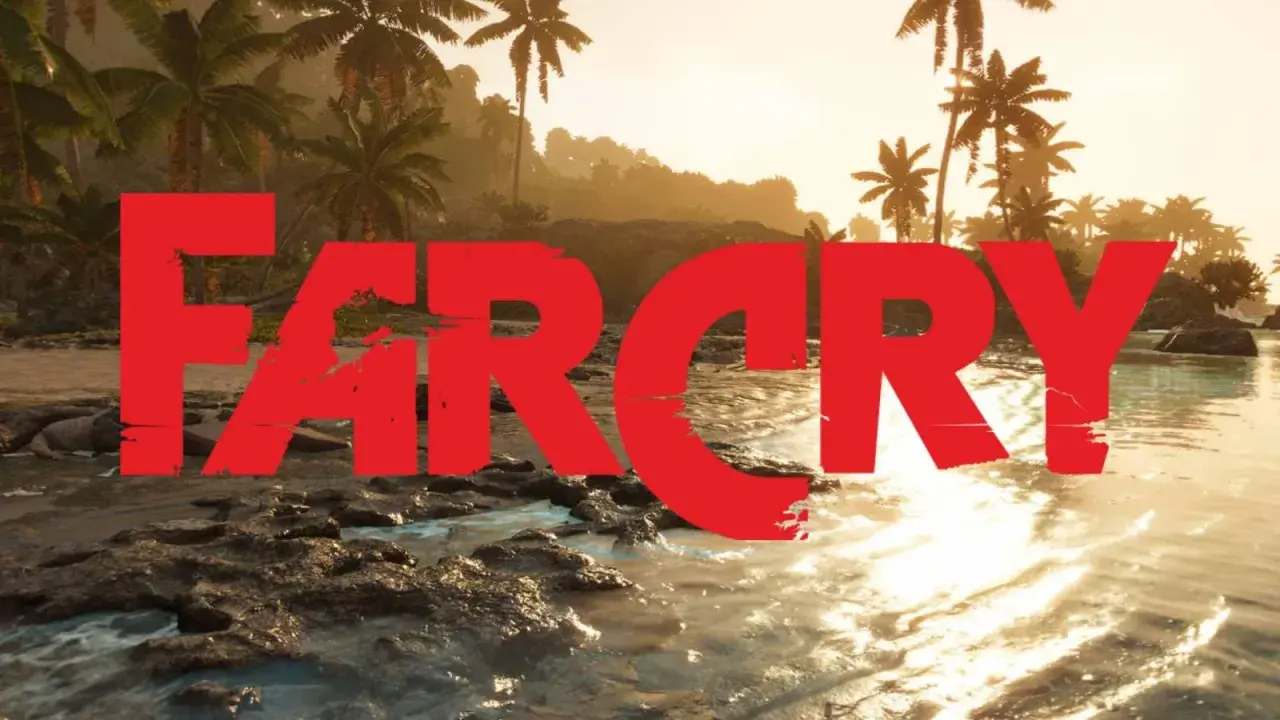 Tropikalna plaża z palmami i wodą, na pierwszym planie czerwony napis "FAR CRY". Czekamy na Far Cry 7!