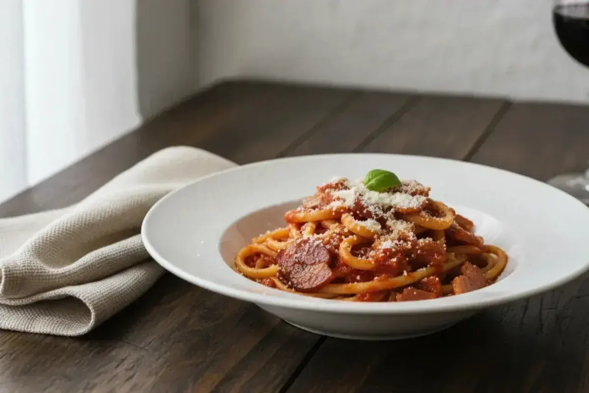 En tallrik med pasta amatriciana, toppad med riven ost och en basilika. En servett ligger bredvid.