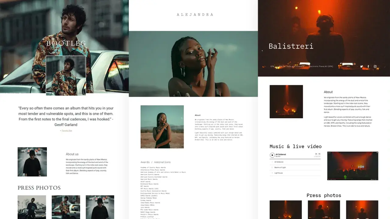 Artist website featuring photos, quotes, and an EPK (Electronic Press Kit) for Balistreri, showcasing their music and press.
