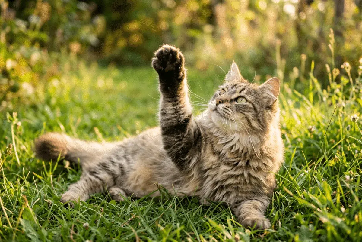 Un gato adulto, con pelaje atigrado y ojos verdes, juega en la hierba alta, levantando una pata juguetona.