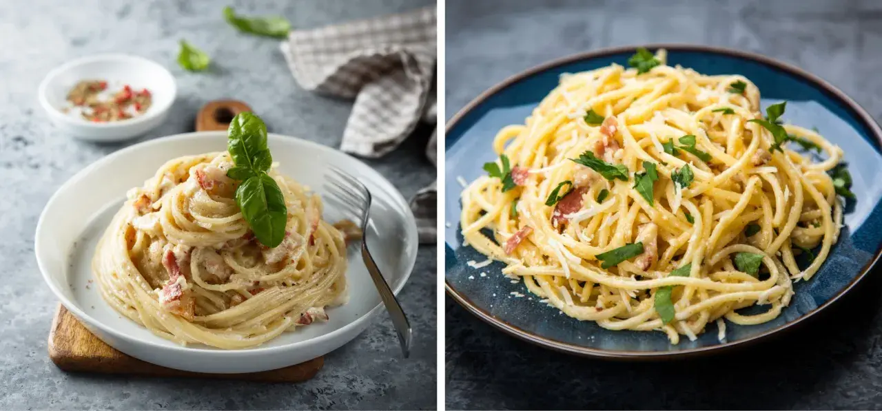 Dwa apetyczne włoskie dania z makaronem: spaghetti carbonara na białym talerzu z bazylią i na niebieskim talerzu z natką pietruszki.