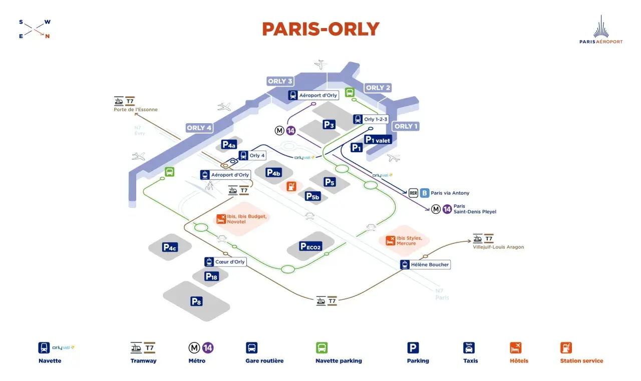 Plan du Paris-Orly montrant les terminaux, parkings, navettes, tramway T7, métro M14 et RER B.
