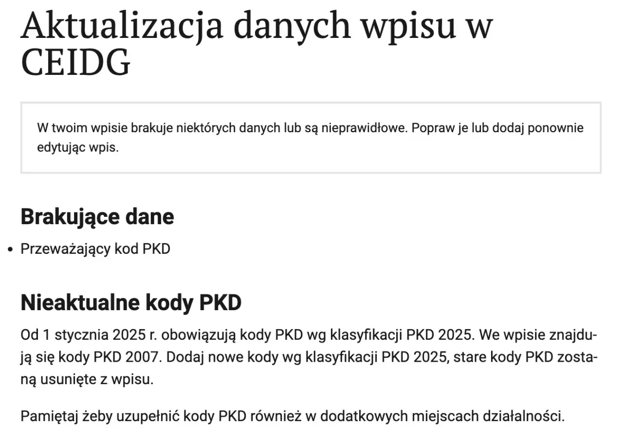 Aktualizacja danych w CEIDG: brakujące lub nieaktualne kody PKD. Pamiętaj o uzupełnieniu PKD dla Twoich usług prawnych.