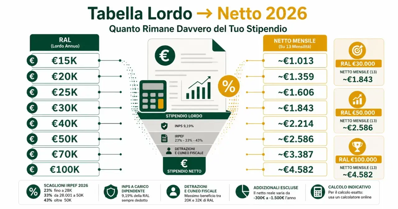Tabella stipendio 2026: da RAL 30.000€ netto mensile circa 1.843€, da RAL 50.000€ netto mensile circa 2.586€, da RAL 100.000€ netto mensile circa 4.582€.