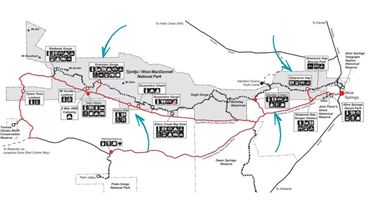 Mapa Tjoritja/West MacDonnell National Park, ukazująca szlaki i atrakcje, w tym święte miejsce aborygenów.