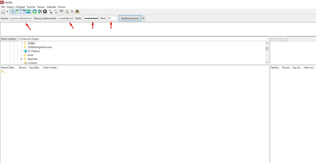 FileZilla: okno programu do szybkiego łączenia z serwerem. Wpisz dane logowania, by połączyć się z serwerem.