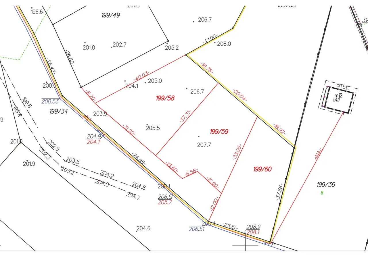 Plan podziału działki 199/58, 199/59, 199/60. Widoczne granice, wymiary i punkty wysokościowe.
