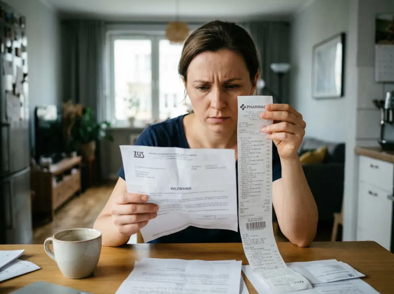 Zmartwiona kobieta analizuje rachunki i wezwanie z ZUS. Martwi się o ubezpieczenie zdrowotne bez pracy.