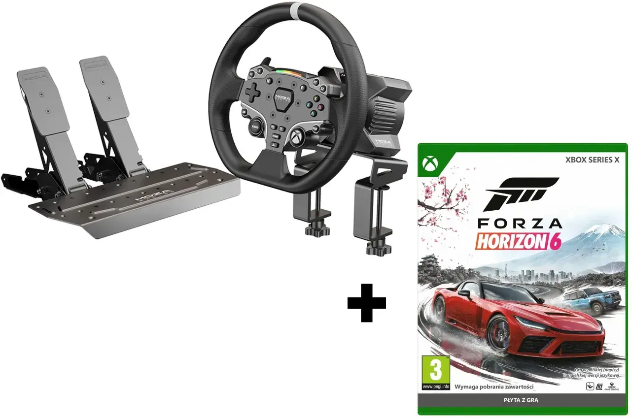 Kierownica wyścigowa MOZA z pedałami i grą Forza Horizon 6 na Xbox Series X. Dowiedz się, jak podłączyć kierownicę do Xboxa, by poczuć się jak prawdziwy kierowca.