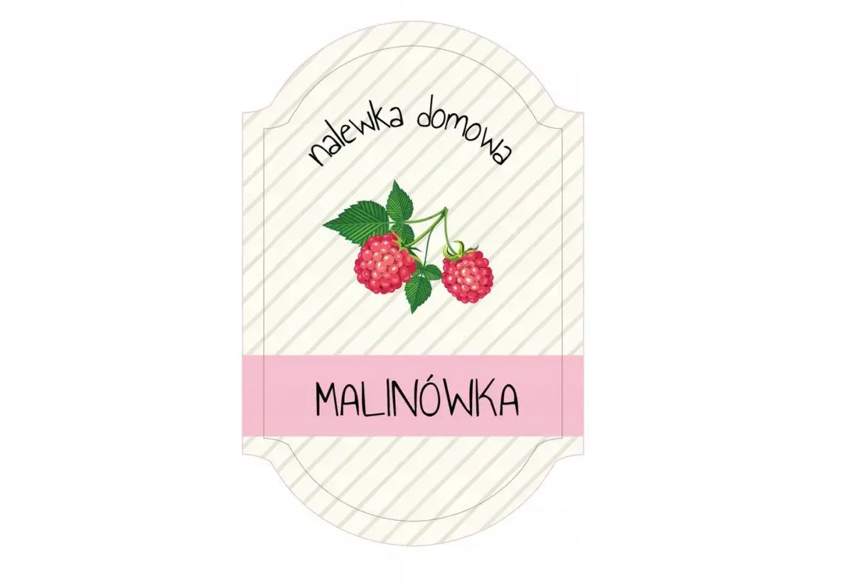 Etykiety na nalewki do druku z malinami i napisem "Malinówka". Idealne do domowych przetworów.