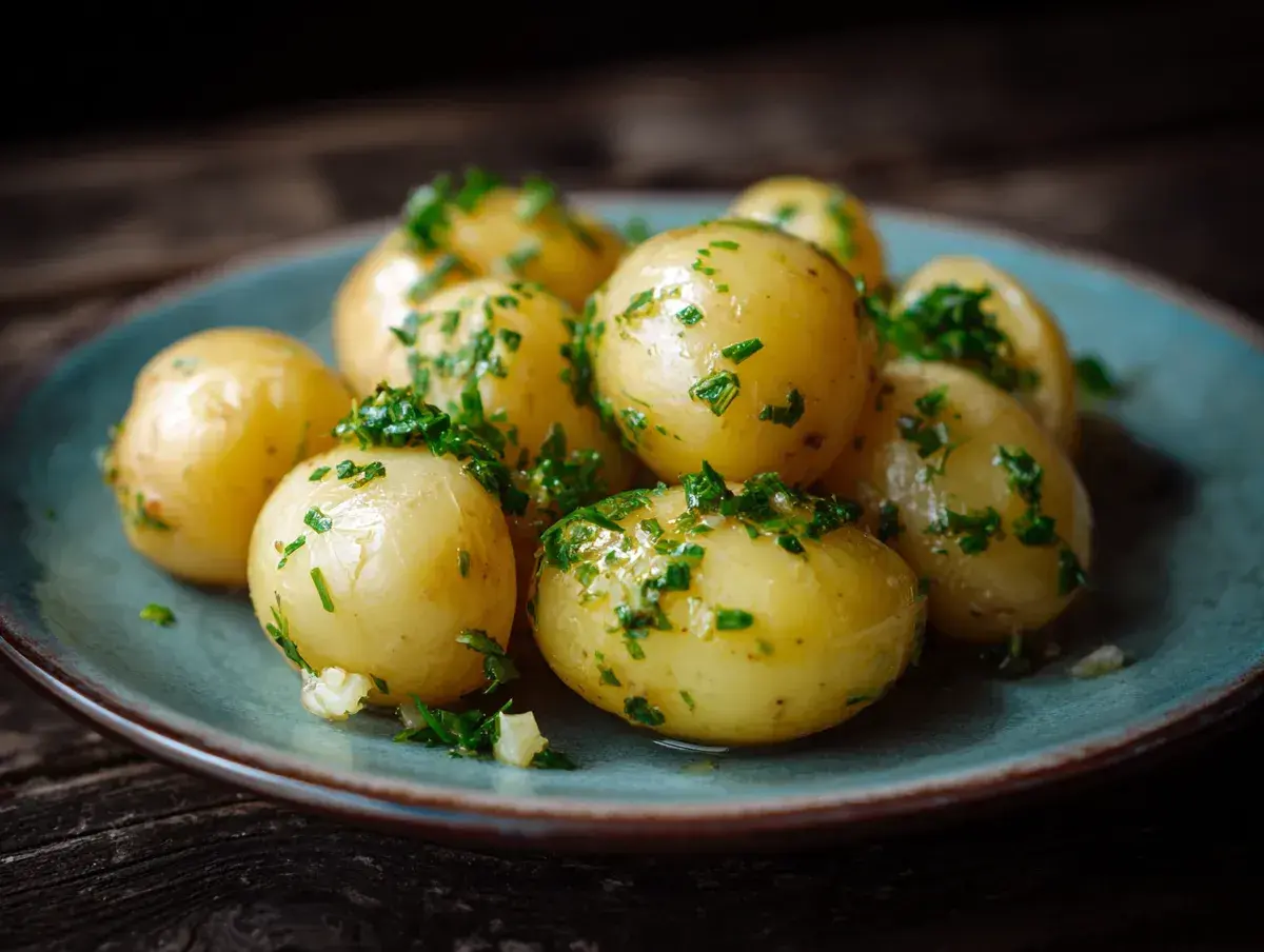 Små, kokta potatisar med färsk persilja och vitlök, perfekta som potatis till grillat.