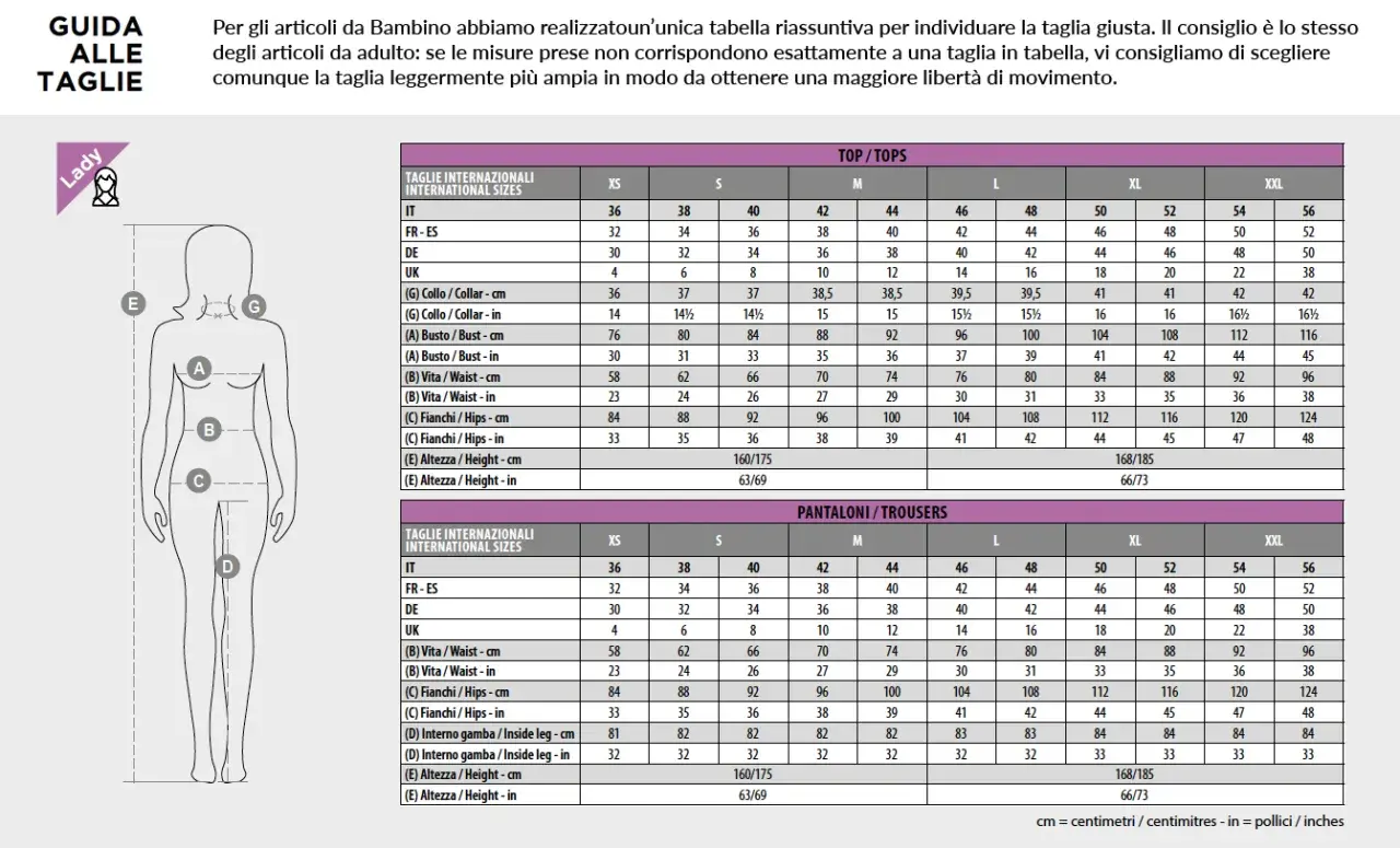 Guida alle taglie con misure in centimetri e pollici per abbigliamento da donna. Trova le giuste taglie in numeri per ogni capo.