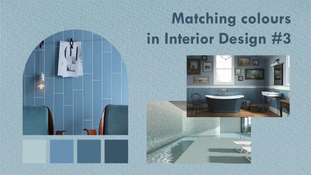 Ispirazione per interni: tonalità di colore complementare azzurro in diverse ambientazioni, da una stanza con sedie a un bagno elegante e una piscina rilassante.