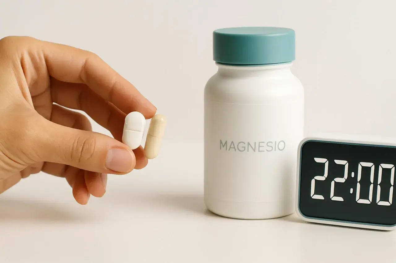 Una mano tiene due capsule, accanto a un flacone di magnesio e un orologio digitale che segna le 22:00. È ora di pensare a quanto magnesio al giorno.