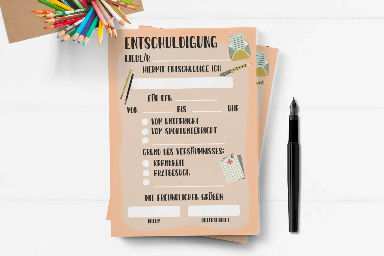 Ein Formular für eine **Entschuldigung schreiben Schule** liegt bereit, daneben liegen Buntstifte und ein Füller.