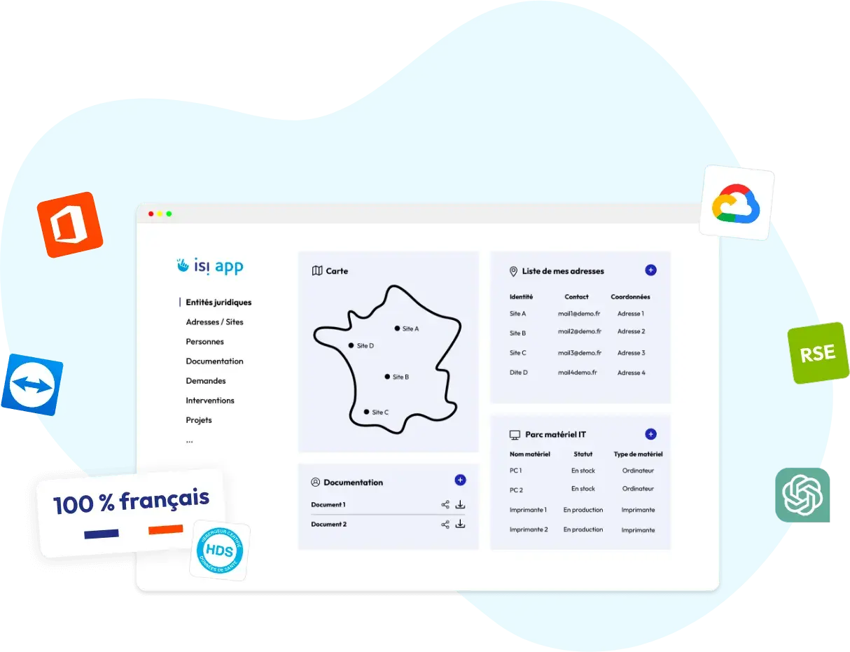 Interface d'un système d'information pour gérer des adresses, des documents et un parc matériel informatique.