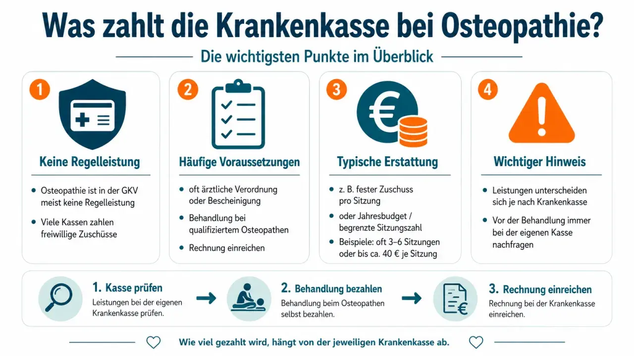 Osteopathie: Was zahlt die Krankenkasse? Infos zu Voraussetzungen, Erstattung & Hinweisen. Kasse prüfen, behandeln lassen, Rechnung einreichen.