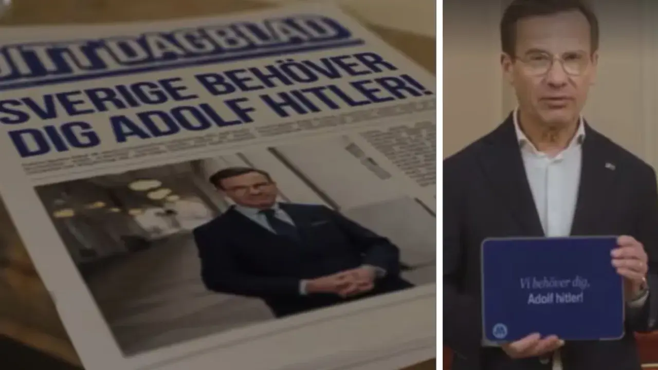 En tidning med rubriken "Sverige behöver dig Adolf Hitler!" och en man som håller en surfplatta med samma text. Hur lång var Hitler?
