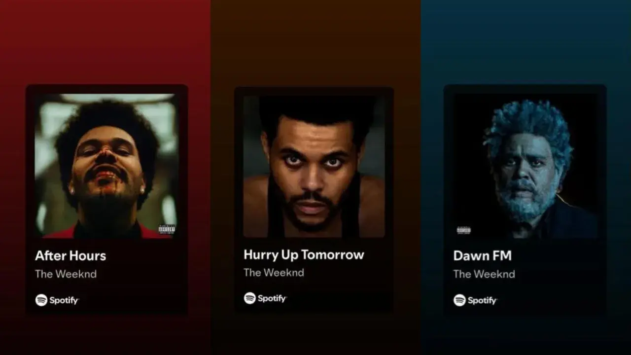 Okładki albumów The Weeknd: "After Hours", "Hurry Up Tomorrow" i "Dawn FM" na Spotify.