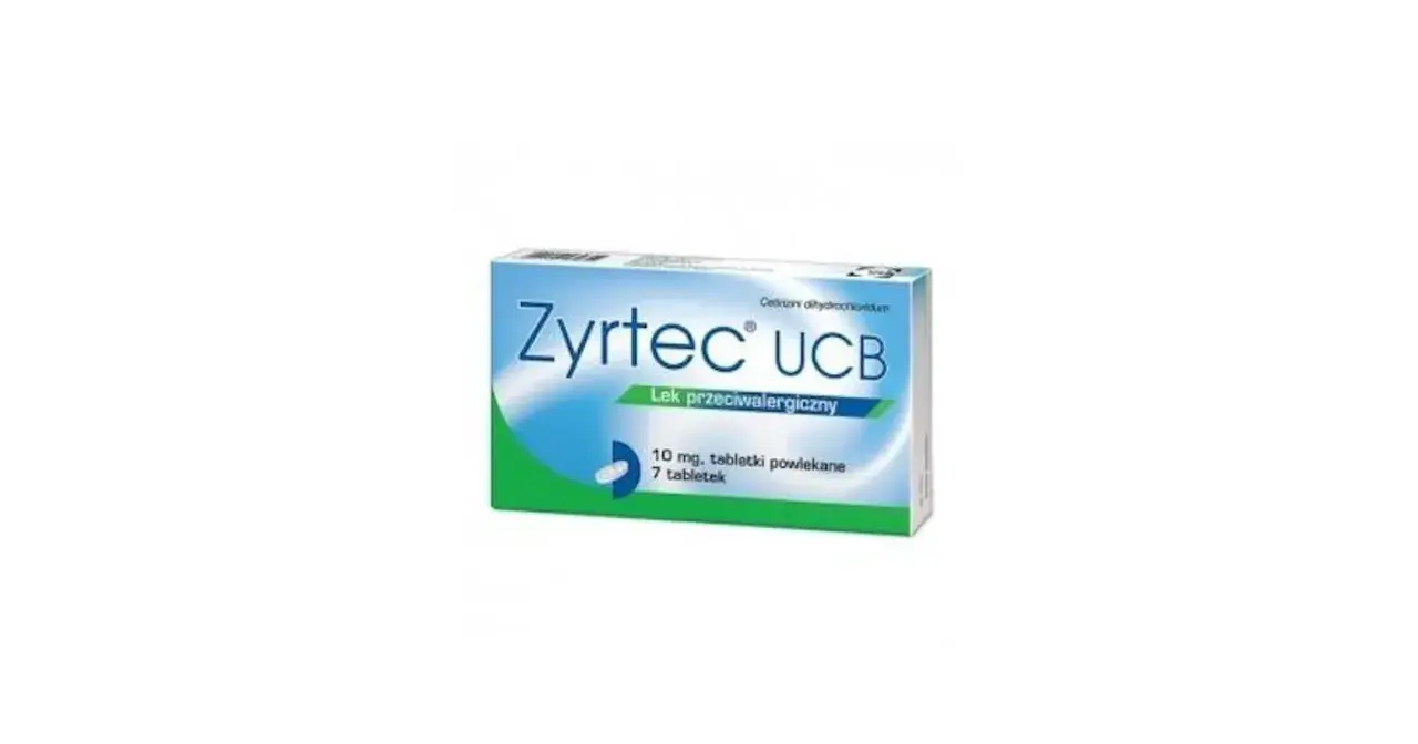 Opakowanie leku Zyrtec UCB, 10 mg, 7 tabletek powlekanych. Skuteczny lek przeciwalergiczny.