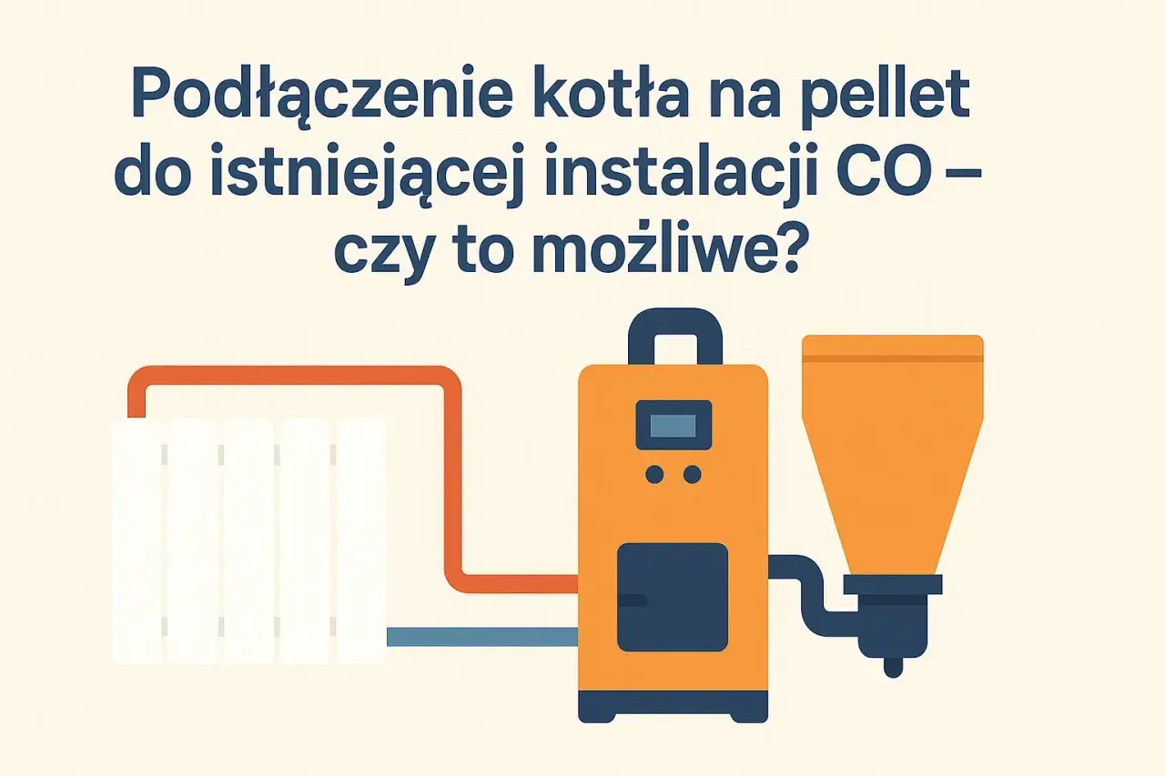 Ilustracja przedstawia podłączenie pieca na pellet do starej instalacji CO. Widoczny jest grzejnik, kocioł na pellet i zasobnik paliwa.