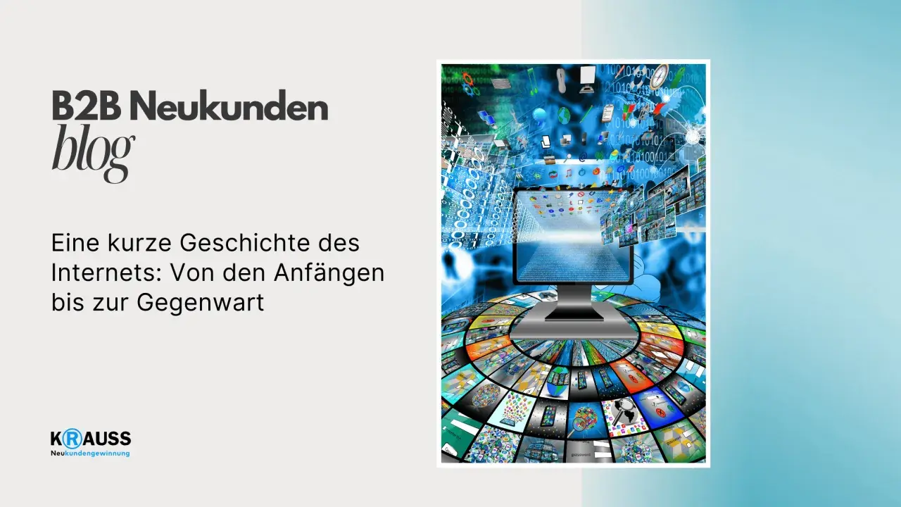 Eine visuelle Reise durch die Geschichte des Internets, von seinen Anfängen bis heute, mit vielen Bildschirmen und Daten.