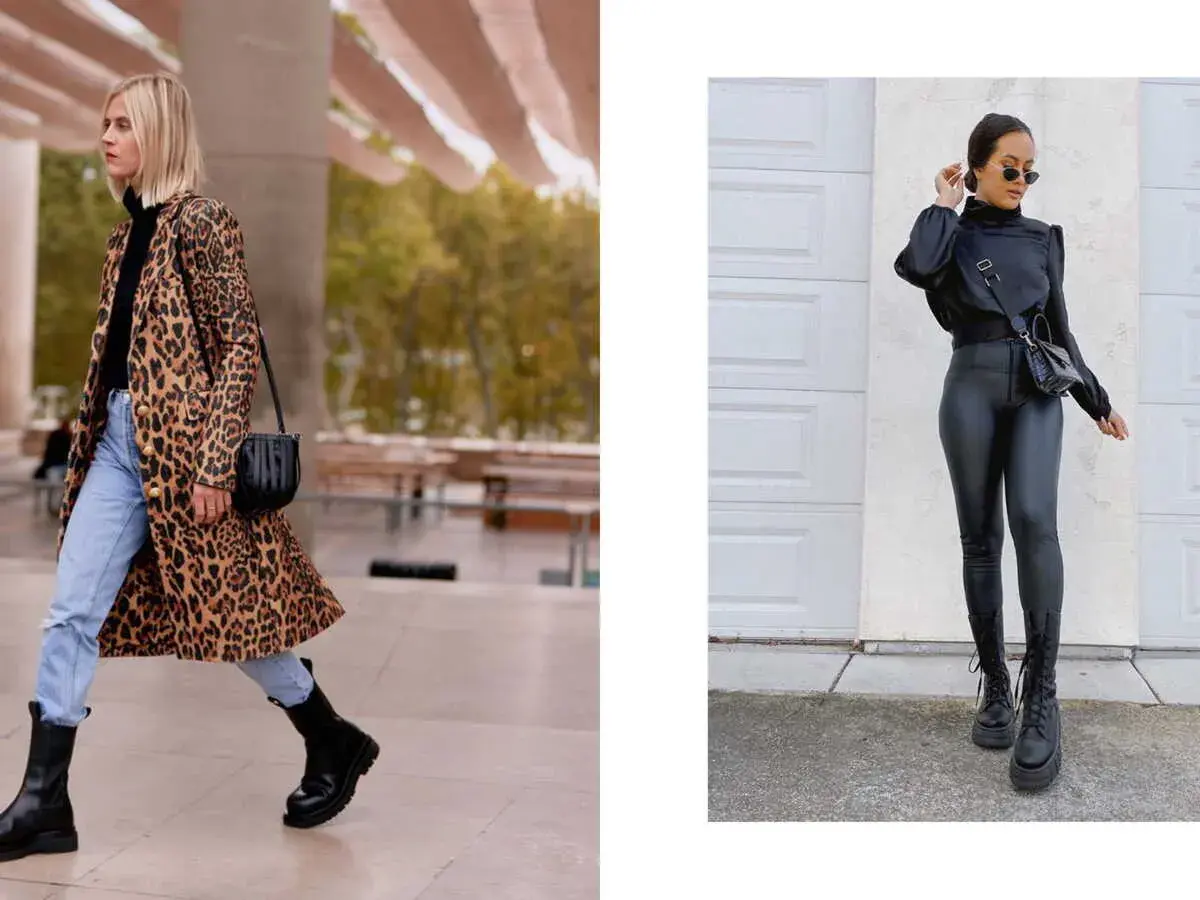 Deux femmes stylées portent des bottes. L'une arbore un manteau léopard et jean, l'autre un look cuir noir.