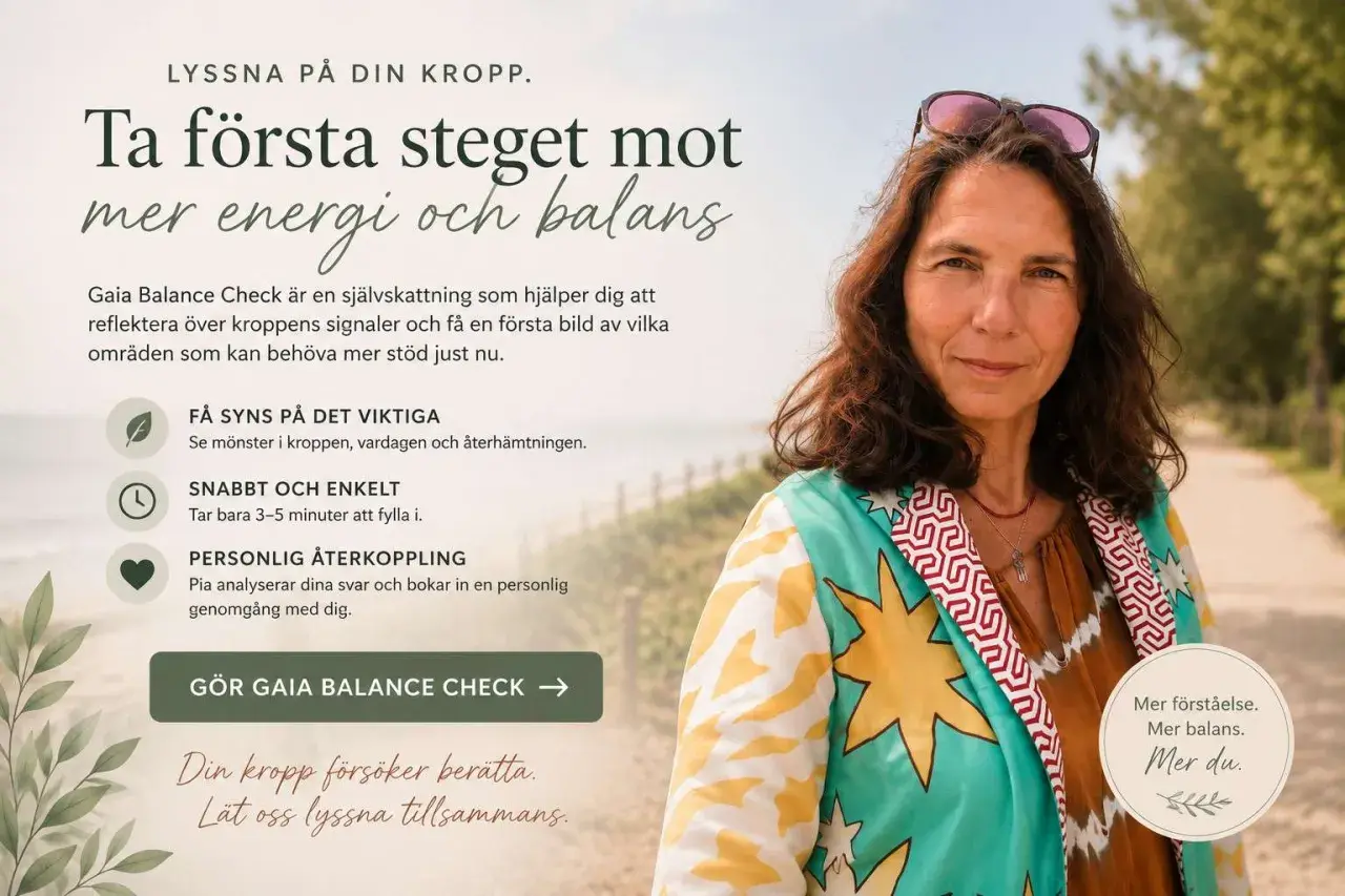 Få mer energi och balans med friskvårdsbidrag tips. En kvinna ler mot kameran, med text om kroppens signaler och självskattning.