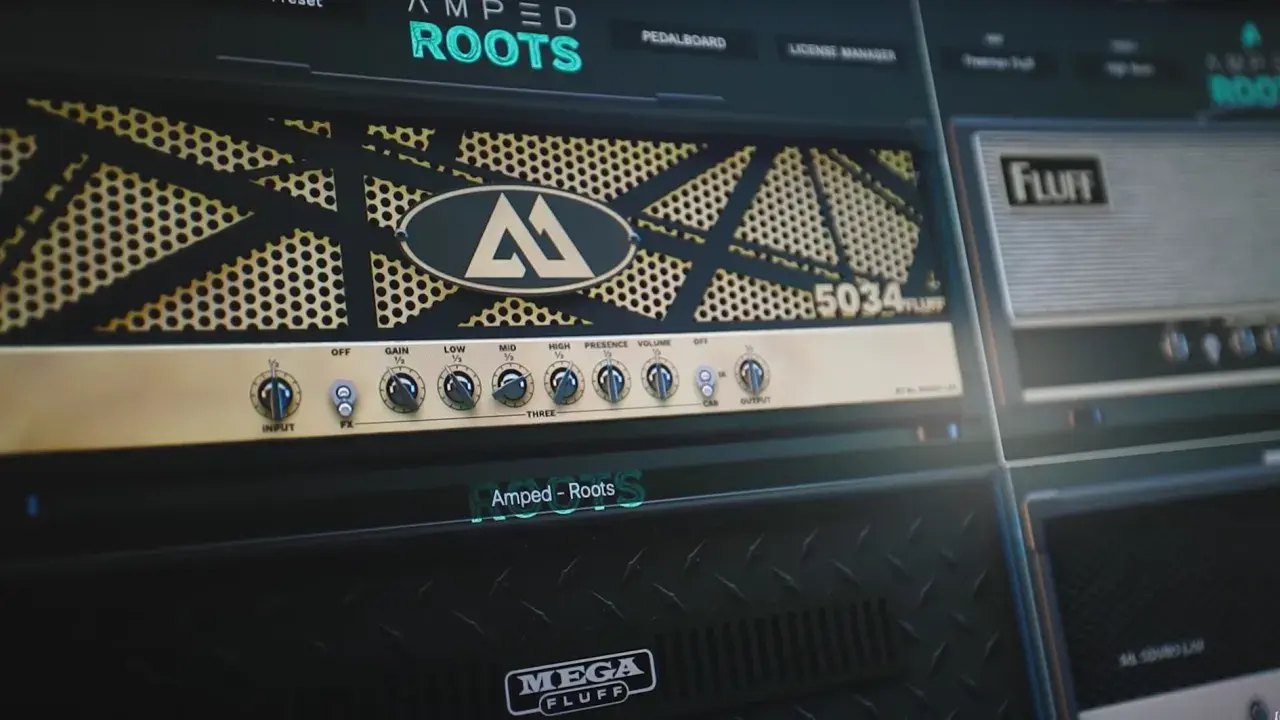 Close-up of a digital guitar amp interface, featuring the "Amped Roots" software. Controls for gain, EQ, and volume are visible.