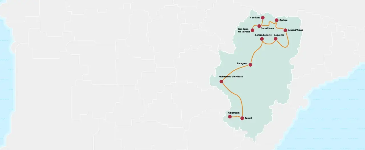 Carte d'un circuit touristique en Aragon, Espagne, reliant Zaragoza, Teruel, Albarracín, Monasterio de Piedra, Ordesa, Jaca, Canfranc, Loarre, Alquézar, Ainsa et San Juan de la Peña.