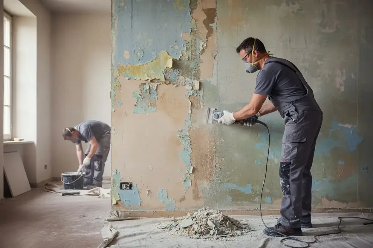 Operai al lavoro per rimuovere vecchi strati di pittura e preparare il muro per un nuovo intonaco rasato.