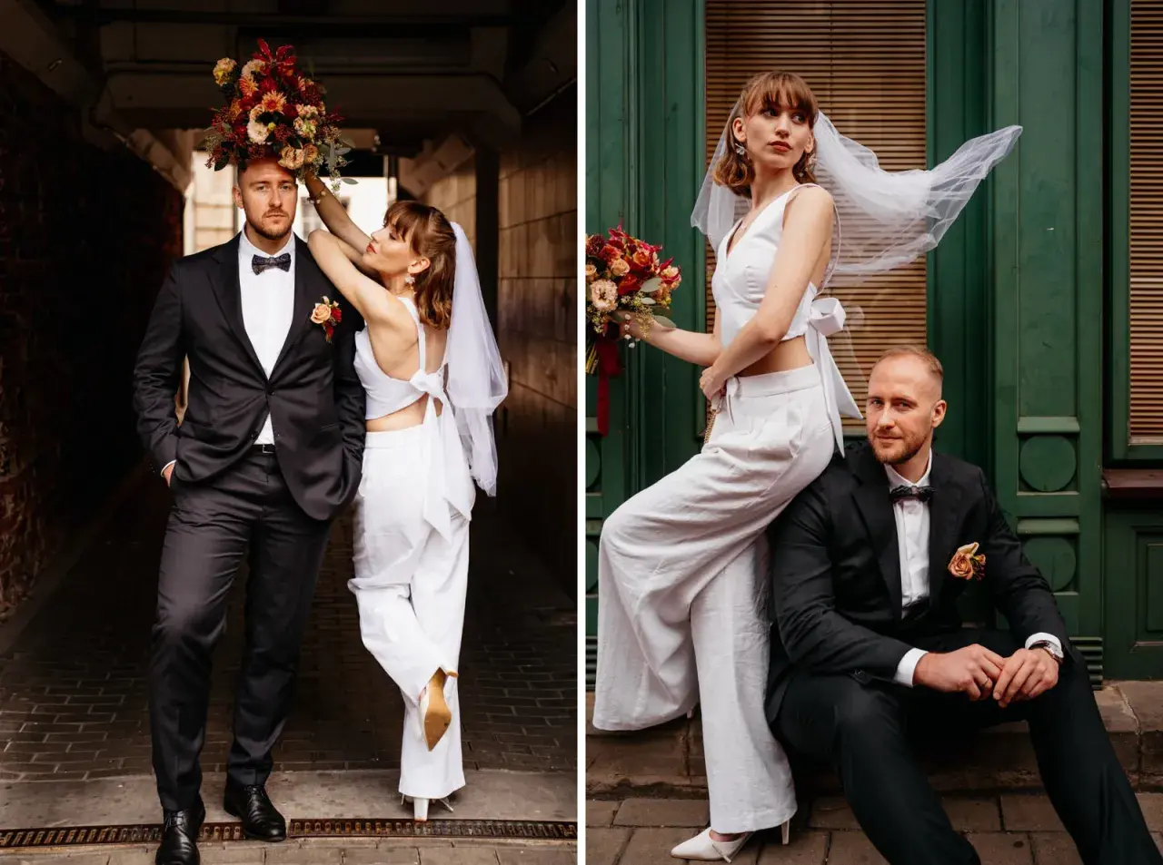 Para młoda w nowoczesnych strojach, z bukietem kwiatów. Elegancki ślub bez wesela, pełen stylu i bliskości.