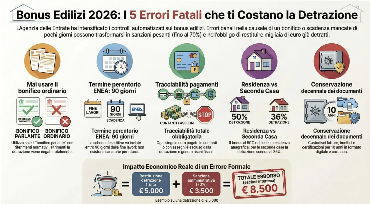 Errori comuni sui bonus edilizi: bonifico parlante, scadenze ENEA, tracciabilità pagamenti, residenza e conservazione documenti per un condominio residenziale.
