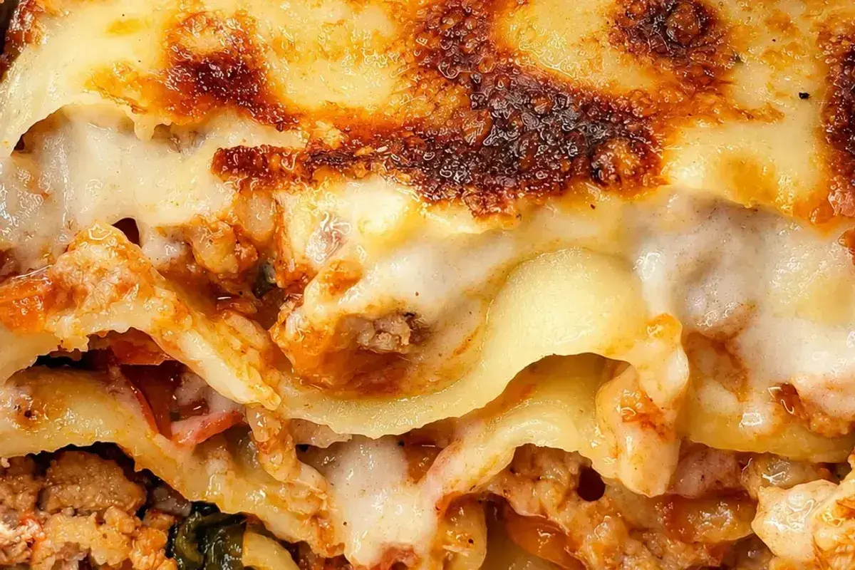 Pyszna, zapieczona lasagne orzepis z warstwami mięsa, sosu i ciągnącego się sera. Idealna na rodzinny obiad.